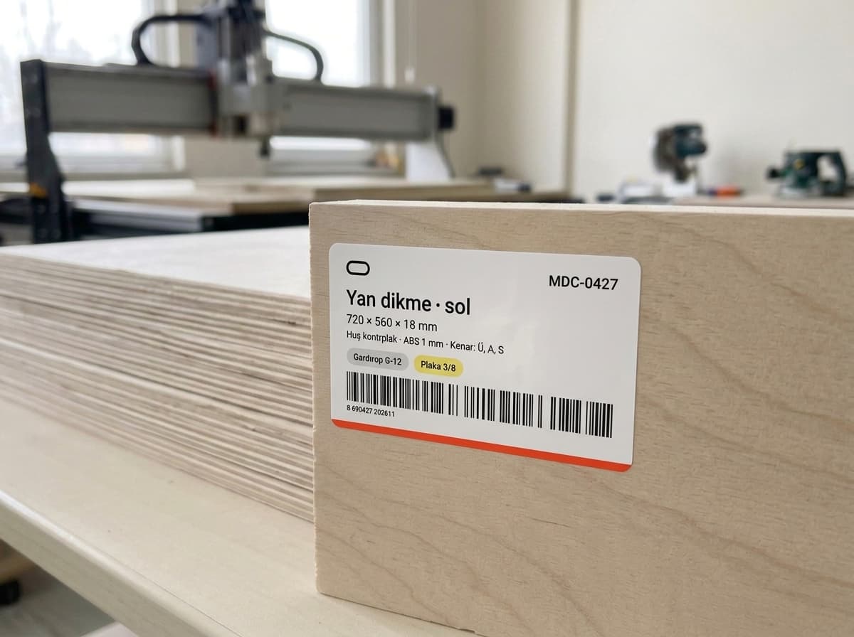 Kontrplak levha üzerinde moducut parça etiketi
