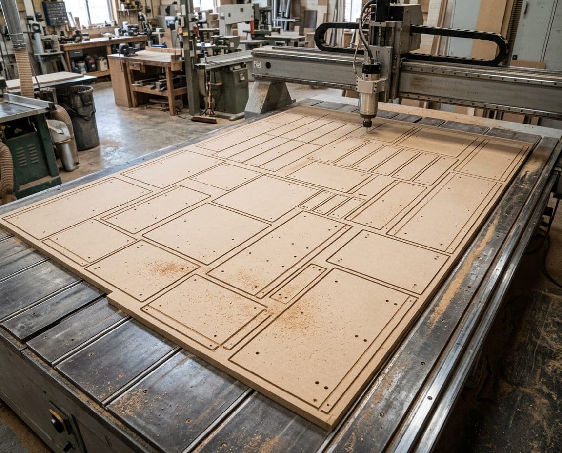 CNC tezgahında nesting ile parçaları kesilmiş MDF levha
